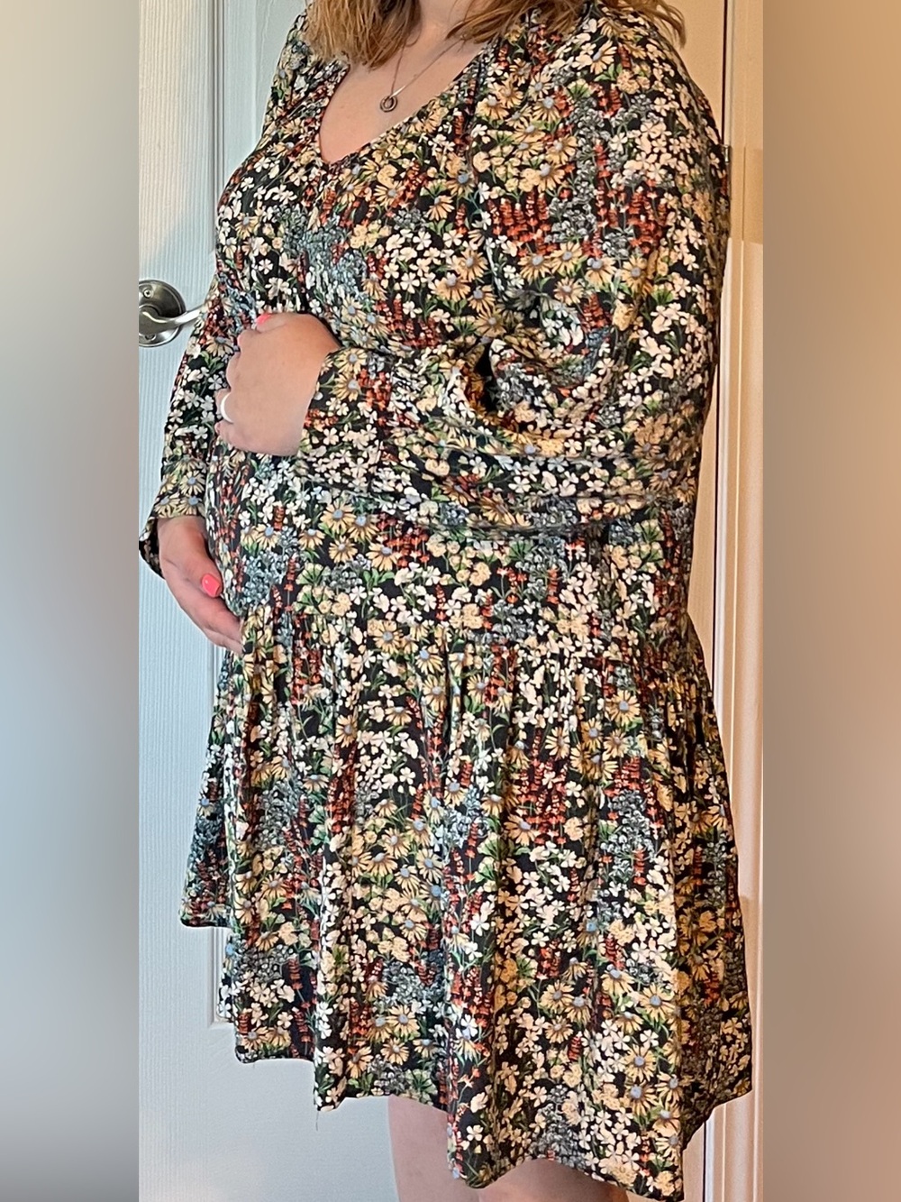 H&M Black Floral Tiered Long-Sleeve Dress